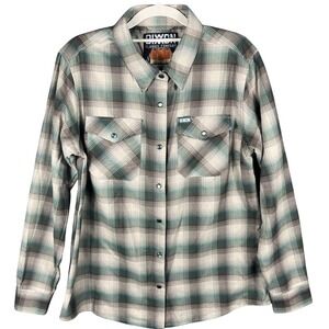 Dixxon Flannel Co Hollow Point Shirt Womens Large Teal Plaid D-Tech Snap Button